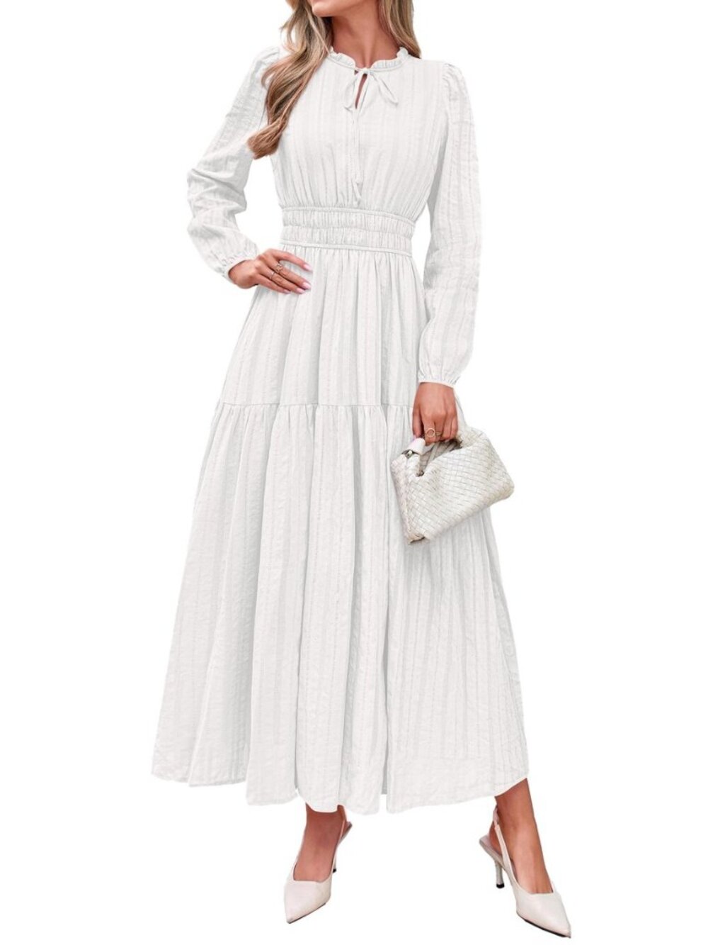 Women Casual Long Sleeve Ruffle Cotton Maxi Dress